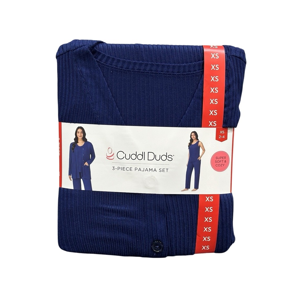 Cuddl Duds Women's Pajama 3pc Set Size XS in Navy Cozy Soft Sleep SHIPS‎ FAST